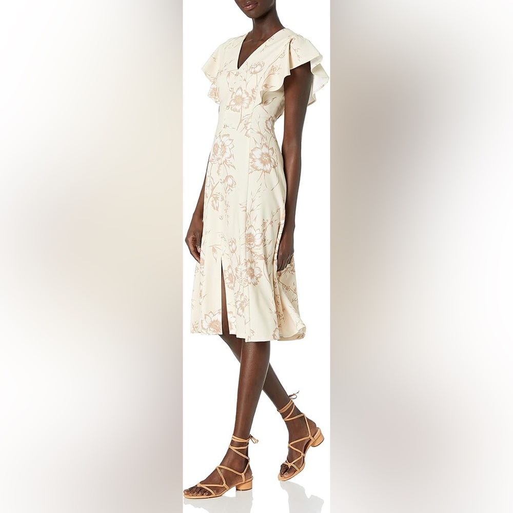 Calvin Klein Flutter Sleeve Cream A-Line Midi Dress V Neck Button Front Size 10